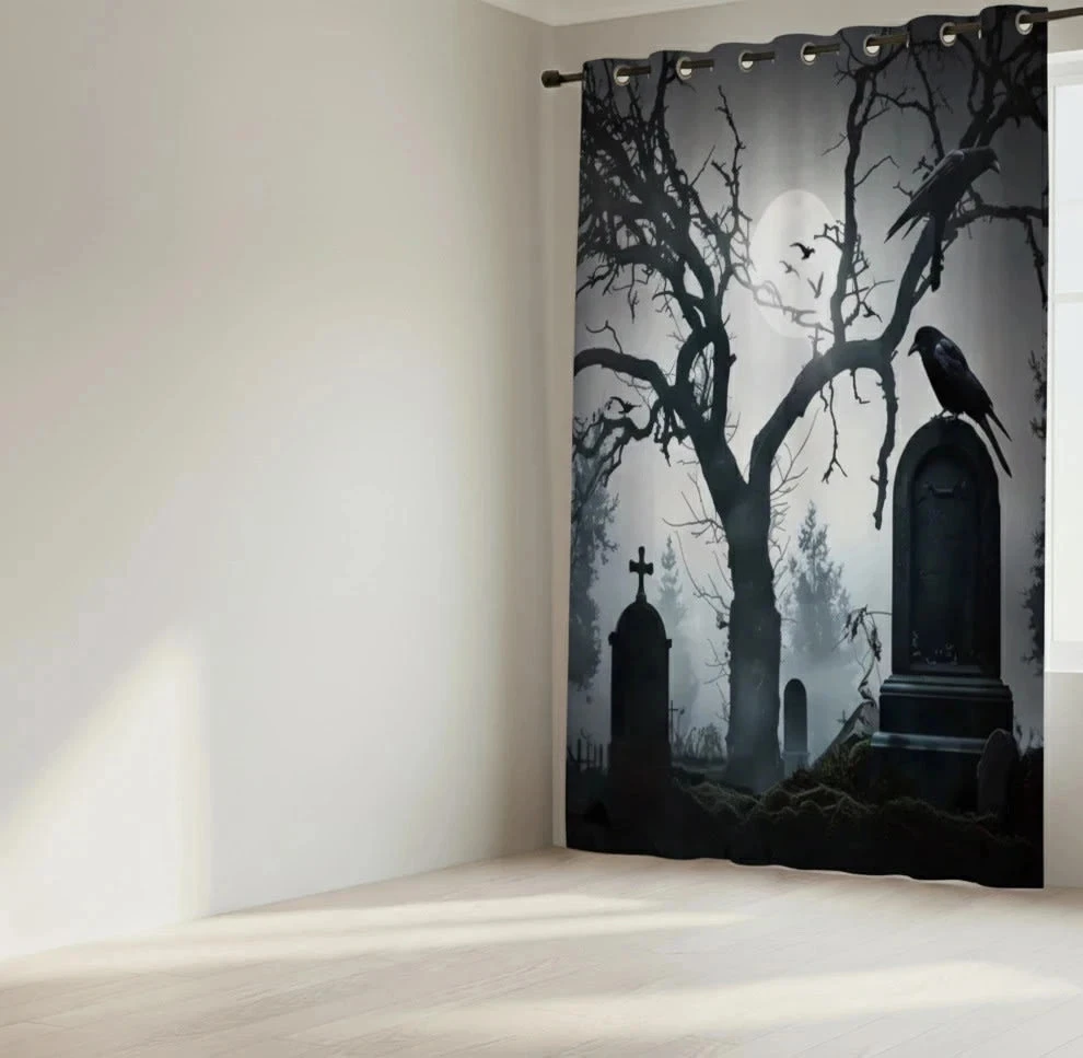 Rideau plastifié, style Gothique -N°01 Motifs : Cimetière, corbeaux 180cm X 180cm